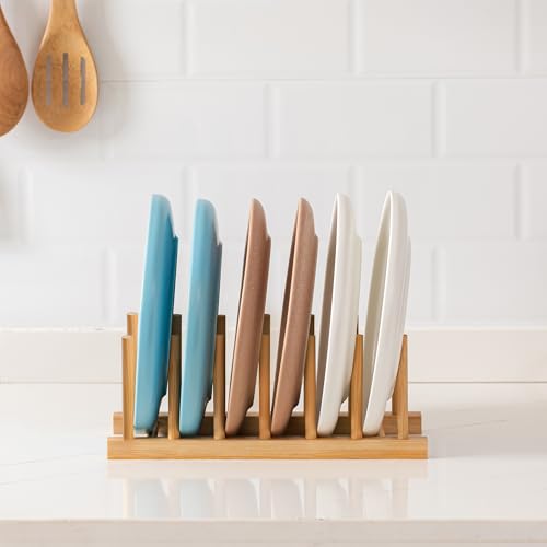 HBlife Bamboo Dish Plate Bowl Cup Book Pot Lid Cutting Board Drying Rack Stand Drainer Storage Holder Organizer Kitchen Cabinet（Keep Dry） - color: Bamboo 6 Slots 1pcs