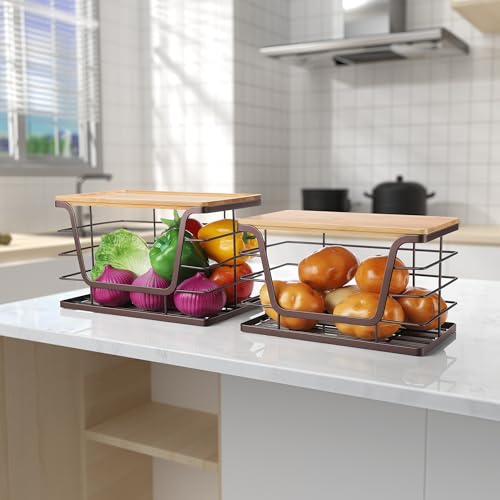 ALOCEO 2 Pack Stackable Wire Storage Basket with Bamboo Lip, Trash Bag Dispenser Under Sink for 4-13 Gal Bags, Kitchen Storage Bins for Potato and Onion, Brown - color: 2-pack - Xl&l Brown