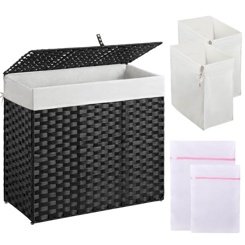 Greenstell Laundry Hamper with Lid, 125L Laundry Basket with 2 Removable Liner Bags & 2 Mesh Bags, Handwoven Synthetic Rattan Clothes Hamper for Clothes, Toys in Bathroom, Bedroom, Foldable, Black - color: Black, size: 125L (25.6 x 13.0 x 23.6 inches)