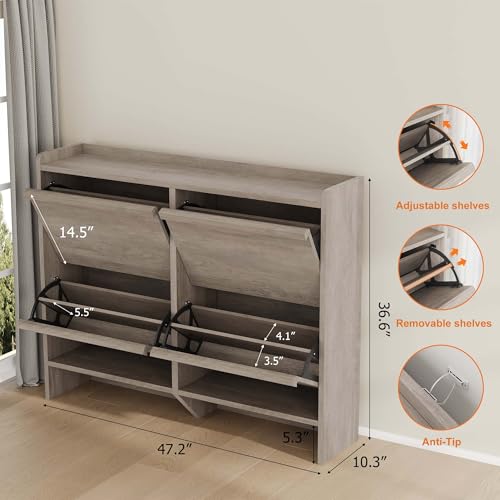 GarveeHome Shoe Cabinet with 4 Flip Drawers, Wooden Shoe Organizer Cabinet with Adjustable Shelf, Shoe Storage for Entryway, Hidden Shoe Cabinet for Hallway, Living Room, Grey - color: Grey, size: 4-Drawers
