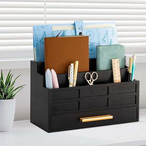 dreampossible Black Wood Desk Organizer and Accessories with Drawer, Bill Mail Organizer and File Mail Holder for Office Supplies, Rustic Desk Accessories & Workspace Organizers for Desk Organization - color: Black B