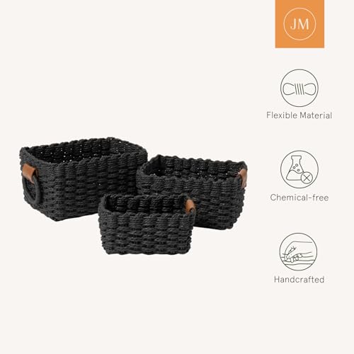 LA JOLIE MUSE Small Wicker Baskets for Organizing, Recycled Paper Rope Storage Basket Container Bins for Shelves Bathroom Cupboards Drawer, Decorative Square Basket Organizer Set of 3, Black - color: Ebony Black