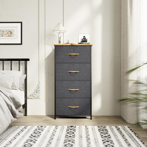YITAHOME Storage Tower with 4 Drawers - Fabric Dresser, Organizer Unit for Bedroom, Living Room, Closets - Sturdy Steel Frame, Easy Pull Fabric Bins & Wooden Top - color: Cool Dark Grey, style: 4-Drawer