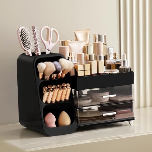 HBlife Cologne Organizer for Men Makeup Organizer with Brush Holder for Vanity, Large Plastic Bathroom Countertop Organizer Skin Care Storage, Fathers Day Gift for Dad Husband, Black - color: Black, size: Large