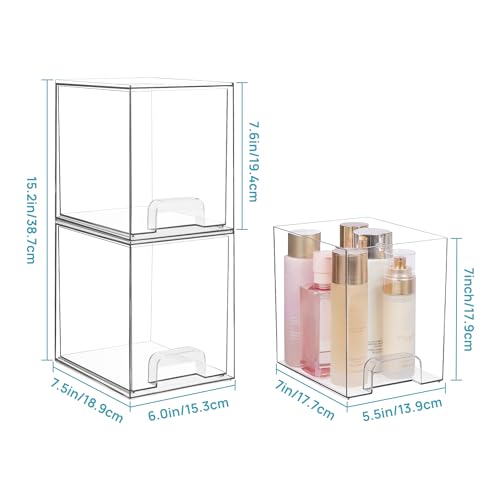 Vtopmart 7.6" H Clear Stackable Storage Drawers, 2 Pack Plastic Organizers Bins for Skincare, Cosmetics,Beauty Supplies,Ideal for Vanity, Bathroom,Kitchen Countertop,Cabinet Organization - style: 2pack High