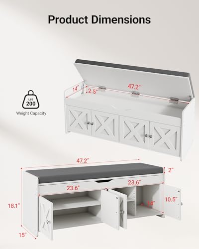 Pipishell 2-Tier Shoe Storage Bench with Cushioned Seat, Entryway Bench with Adjustable Shelf & Barn Doors, 300 lbs Capacity, 47.2" W x 15" D x 18" H, for Entryway, Bedroom, Living Room, White - color: White, size: 4 doors- 47.2" W x 15" D x 18" H