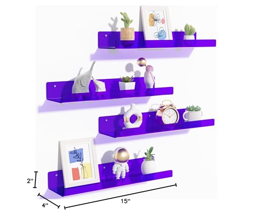 upsimples Acrylic Shelves for Wall Decor, 15" Display Shelf Perfume Organizer for Bathroom, Bedroom, Living Room, Floating Bookshelves for Kids, Clear Purple, 4 Pack - color: Purple