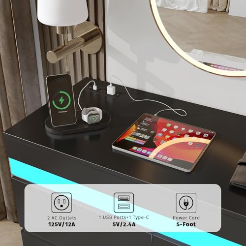 DreamDashio Modern 6 Drawer Dresser with Flip-Top Storage, Chest of Drawers for Closet with Floating LED Lights & Charging Station, Double Wide Drawer Organizer Cabinet for Bedroom, Living Room, Black - color: Black