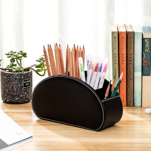 BONNY DODO Remote Control Holders Organizer Box with 5 Compartment PU Leather Multi-functional Office Desk Storage Caddy Store Tv Remote for Media Player,Brush,Pencil,Glassees&Office Supplies (BlACK) - color: BlACK, size: S