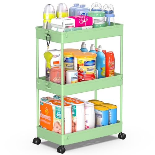 SPACEKEEPER Green 3-Tier Rolling Storage Cart, Bathroom & Kitchen Organizer, Modern Plastic Frame, Adjustable Shelves - color: Green, size: 3 Tier