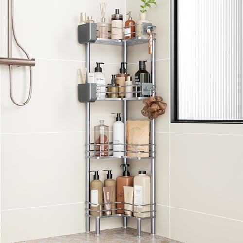 Orimade Rustproof 4 Tier Floor Standing Corner Shower Caddy Organizer with Toothbrush Holder, Large Spacing Floor Shower Shelf Rack Storage Stands with Hooks for Bathroom Kitchen, Silver - color: Sliver, size: 4 Tier