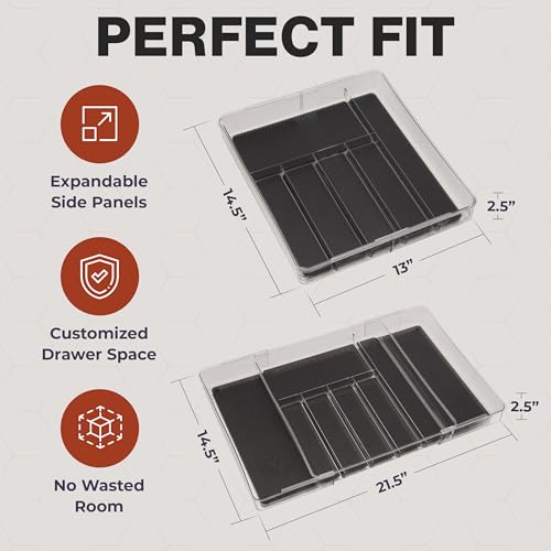 Masirs Expandable Utensil Drawer Organizer - BPA-Free Plastic Clear Silverware Tray with Multiple Compartments - Non-Slip Cutlery Storage for Kitchen, Bathroom, or Office Drawers (Black) - color: Clear / Black