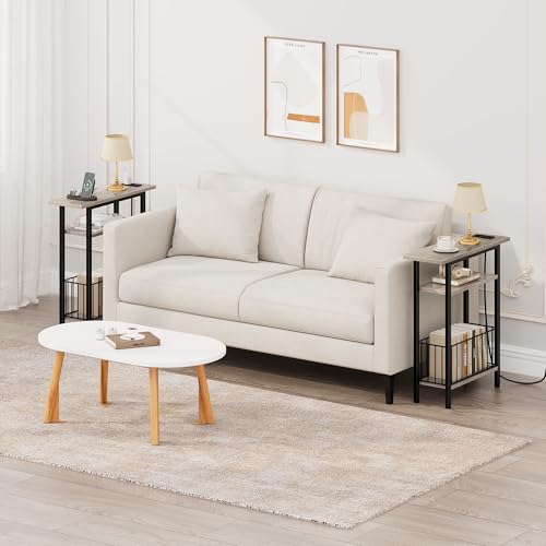 Vagusicc Narrow Side Table with Charging Station, Skinny Side End Table for Couch, 3-Tier Small End Tables for Small Spaces, 25.2" Tall Slim Nightstand Bedside Table for Living Room, Bedroom, Greige - color: Greige, style: With Plug