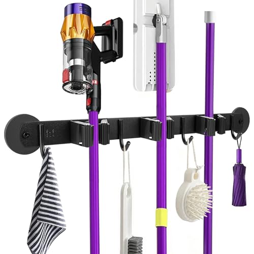 Magnetic Broom Holder Wall Mount - Heavy Duty Non-Slip Mop Hanger with 4 Hooks And 3 Rack, No Drill Tool Organizer for Refrigerator,Garage,Laundry Room (Black, 3Racks 4Hooks)