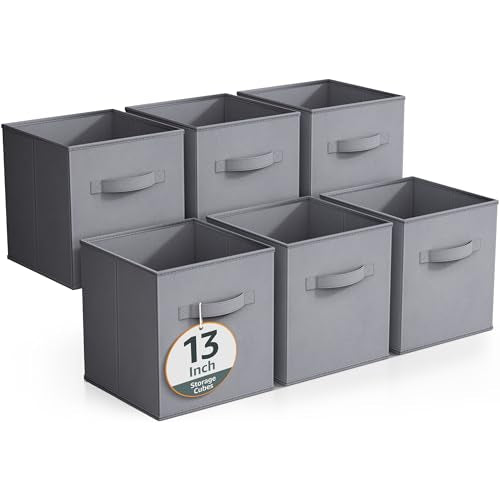 Sorbus Fabric Storage Cubes - 6 Foldable Storage Bins for Organizing Pantry, Cubbies, Toy Box - Clothes Storage & Closet Organizer - 13 Inch Collapsible Cube Baskets for Shelves with Handle - color: Gray, size: 13 Inch