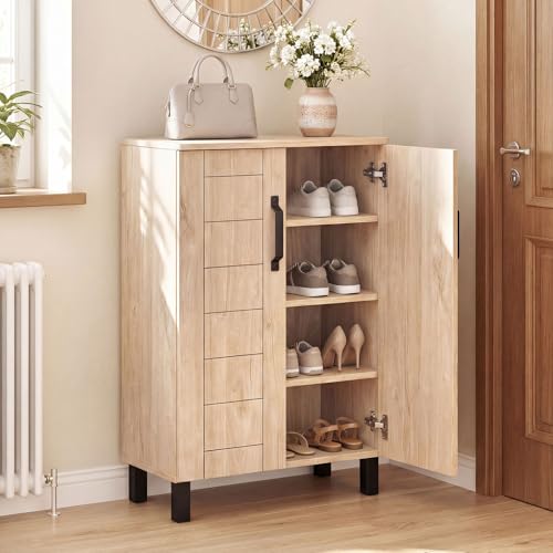 Giantex 5-Tier Shoe Storage Cabinet, Freestanding Wooden Entryway Cabinet w/Storage, 2 Doors, Removable Shelves, Shoes Rack Organizer w/Ventilation Hole for Hallway Closet Living Room (Natural Oak) - color: Natural Oak
