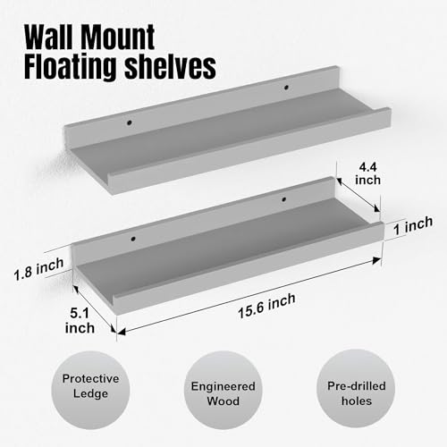 Boswillon Floating Shelves for Wall, Wall Shelves Set of 2, Bedroom Shelves with Lip, Display Picture Ledge Shelf for Wall Decor Bedroom Living Room Bathroom Kitchen - Grey - color: Grey, size: 15.7 In