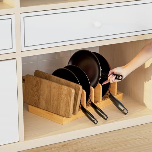 Bamboo Pot Lid Organizer Pot Lid Holder, Pot and Pan Organizer Drawer Organizer for Pot Lids, Pans, Cutting Boards & Baking Sheets, Dinner Plates, Reusable Containers in Cabinet Storage - color: Natural