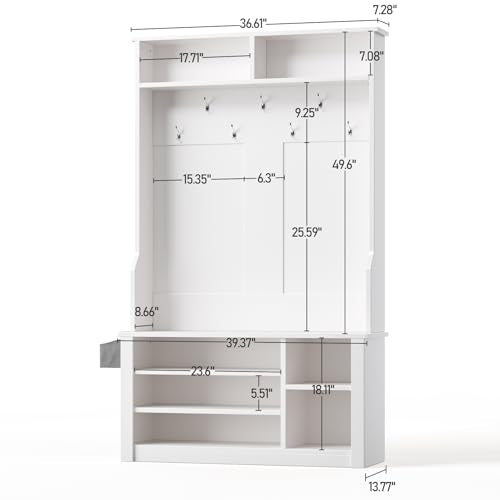 Aiho Hall Tree with Bench and Shoe Storage, 3-in-1 Entryway Hall Tree, with Adjustable Shoe Storage, for Entryway, Hallway, White - color: White