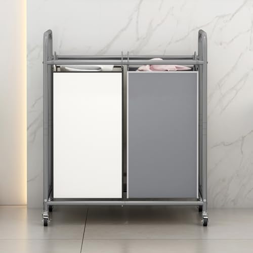 SUOERNUO Laundry Hamper Basket 2 Bag Laundry Sorter Cart with Rolling Lockable Wheels and Removable Bags Laundry Organizer Cart for Clothes Storage (Grey+Beige, 2 Bags) - color: Grey+Beige, size: 2 Bags