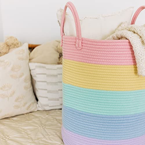 OrganiHaus Large Rainbow Woven Laundry Basket w/Handles 52L, Decorative Toy Storage Bin for Nursery, Colorful Blanket Basket for Playroom, Baby Laundry Hamper, Fun Kids Room Decor Organizer - color: Rainbow Pastel, size: Tall
