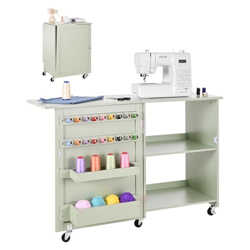 VEVOR Folding Sewing Table, Multipurpose Sewing Machine Table with Compact Design, Wheels, Wooden Pegs, Storage Trays and Shelf, Magnetic Door Lock, Craft Station and Side Desk for Home, Light Green - size: Green w/o Cabinet