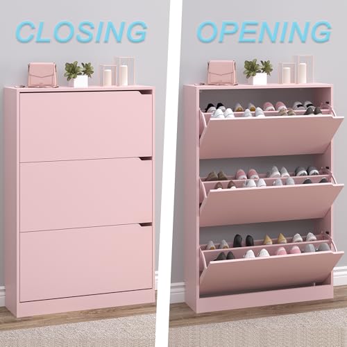BORNOON Shoe Cabinet with 3 Flip Drawers, Hidden Wood Shoe Cabinet,Freestanding Shoe Storage Cabinet for Entryway Hallway.White. 47.2" H*31.5" W*9.45" D (Pink) - color: Pink, size: 3 Drawers