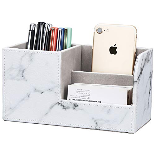 KINGFOM Desk Organizer Office Supplies Caddy Pu Leather Multi-function Storage Box Pen/Pencil,Cell phone, Business Name Cards Remote Control Holder Gray Marble - color: S-gray Marble