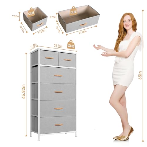 Mifuro Tall Dresser for Bedroom, Vertical Storage Organizer Tower with 6 Drawers, Chest of Drawers with Fabric Bins, Steel Frame, Wood Top for Bedroom, Closet, Entryway- Light Grey - color: Light Grey, size: 6 Drawers