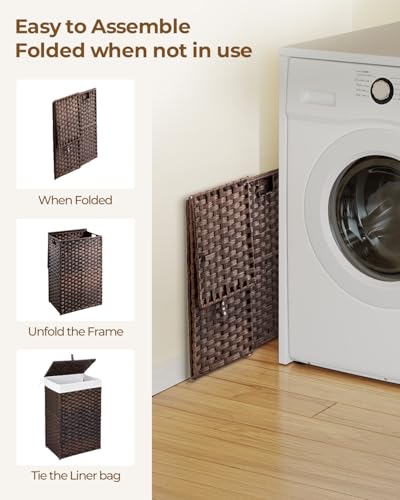 Greenstell Laundry Hamper with Lid, 60L Clothes Hamper with 2 Removable Liner Bags & 2 Mesh Laundry Bags, Handwoven Synthetic Rattan Laundry Basket for Clothes, Toys in Bathroom, Bedroom Brown - color: Brown, size: 60L (13.4 x 13.4 x 21.7 inches)
