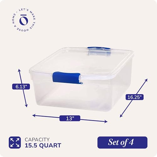 HOMZ 4-Pack 15.5 Quart Latching Lid, Clear Plastic Storage Organizer Bins, Blue – Stackable Containers for Home & Office Shelves, Kitchen, Garage, and Bathroom Organization - color: Blue, size: 15.5 QT (4 Pack)