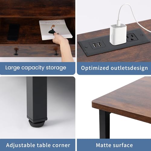 Edbuosy 3 Wooden Drawers Nightstand, 27 Inch Wide Night Stand Set 2 with Charging Station and Adjustable Drawers, Small Dresser for Closet, Bedside Table for Living Room/Bedroom/Office, Retro Brown. - color: 2 Pack, Retro Brown, size: 3 Drawers