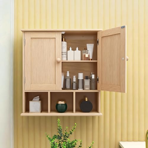 TaoHFE Natural Wooden Color Bathroom Wall Cabinet with 2 Door Adjustable Shelves,Over The Toilet Storage Wall Mounted Medicine Cabinets for Bathroom Laundry Room Kitchen - color: Wooden Color