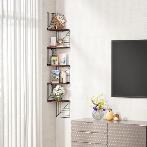 Love-KANKEI Corner Shelf Wall Mount of 5 Tier, Rustic Wood Floating Shelves Wall Shelves for Bedroom Living Room Bathroom Kitchen Office and More Dark Walnut - color: Dark Walnut