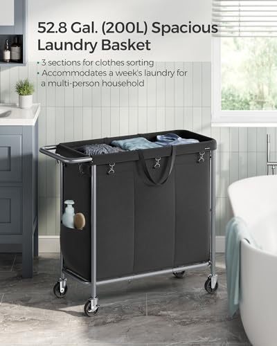 SONGMICS Laundry Basket with Wheels, 3-Section Rolling Laundry Hamper, 52.8 Gallons (200 L), Removable Liner, Steel Frame with Handle, 35.8 x 15.4 x 31.9 Inches, Ink Black URLS005B01 - color: Ink Black, size: 200 L (3-Section), style: Rectangular with han