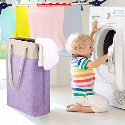 i BKGOO Laundry Basket with Handles Beige&Purple Slim Laundry Bin Collapsible Dirty Clothes Basket Narrow Laundry Bag Foldable Dirty Hamper for Camping, Dorms, Apartments - color: Beige&Purple