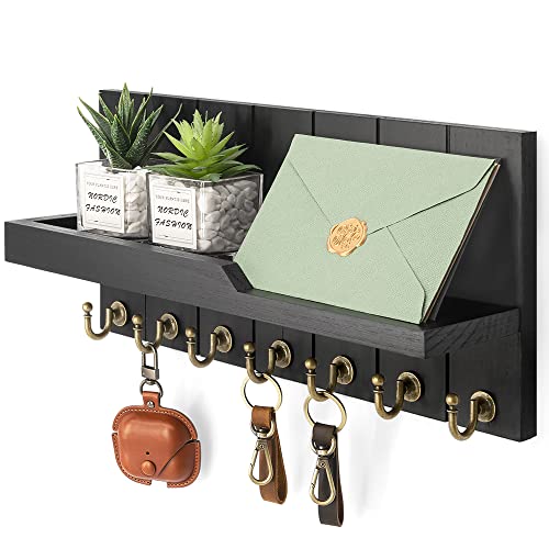 Rebee Vision Decorative Key and Mail Holder for Wall - Farmhouse 15 Inches Floating Shelf with 7 Sturdy Key Hooks for Home Entryway Wall Decor - Rustic Key Racks (Black,15-inch) - color: Black, size: 15-inch