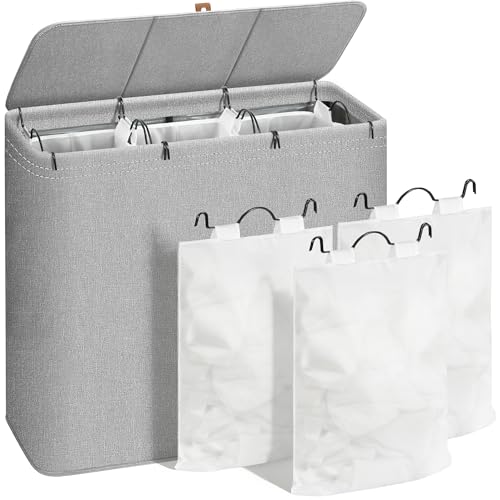 STORAGE MANIAC Triple Laundry Hamper with Lid, 180L Tall Metal Frame Laundry Baskets with Removeable Bag, Large Clothes Hamper with PU Tag, Laundry Bin for Dorm, Collage, Bathroom, Bedroom, Gray - size: 3 Section