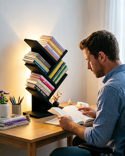 Godferyxin Tree Bookshelf with Liting,Small Bookshelf LED and Desktop Book Shelf Light for Office, Home or School Mini Bookcase for Wood Displaying Books, CDs, Magazines Wood Shelf Rack - color: 5tier-bookshelf Liting Black