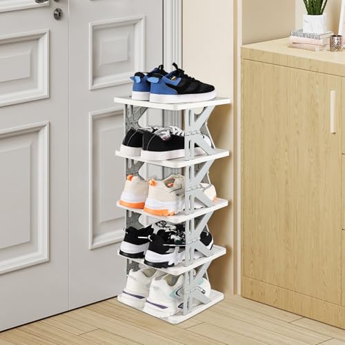 5 Tier Vertical Narrow Shoe Storage Organizer for Saving Space, Gray Plastic Small Collapsible Shoe Rack for Entryway, Closet, Bedroom
