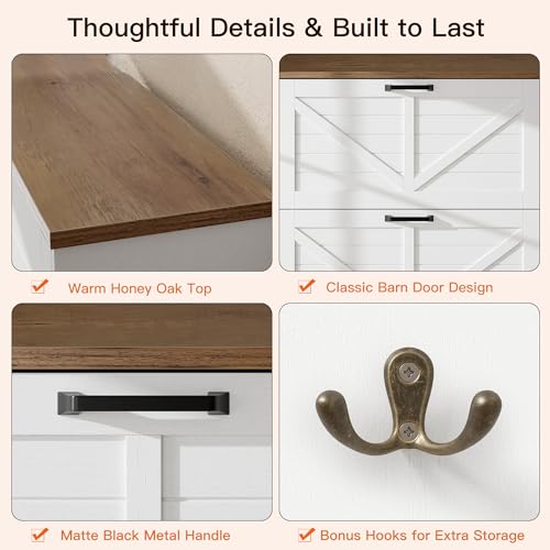 Nicetree Barn Door Shoe Cabinet for Entryway - Modern Farmhouse Shoe Storage Cabinet with 3 Flip Drawers - Slim Hidden Shoe Organizer for 24-32 Pairs - Fits Size 12 Work Boots White - color: Brushed Solid White & Weathered Caramel Oak, style: 3 Flip Drawe