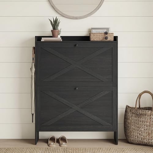 VASAGLE Shoe Storage Cabinet Organizer with 2 Flip Drawers, Freestanding Narrow Shoe Rack Cabinet for Entryway, Farmhouse Style, Fits 14 to 16 Pairs, Smoky Black UHSC203BJ01S - color: Smoky Black