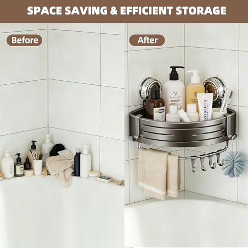 Corner Shower Caddy,Suction Cup Shower Bathroom Wall Shelf,No Drill Rust Proof Aluminum Organizer with Hooks,Floating Rack for Inside (Suction Cup Corner Shower Caddy,1 Tier,Gray) - style: Suction Cup Corner Shower Caddy ,1 Tier ,Gray