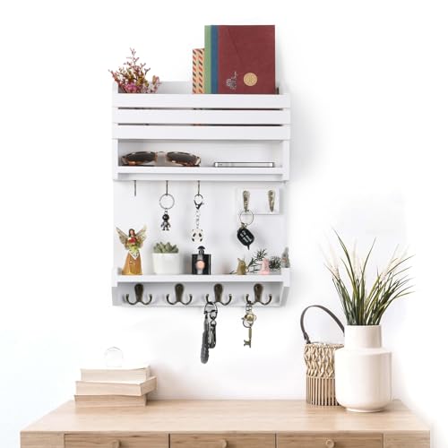 Key Holder, Wall Mounted Mail Organizer, Keys Holder on Wall with 9 Key Hooks, White - color: White