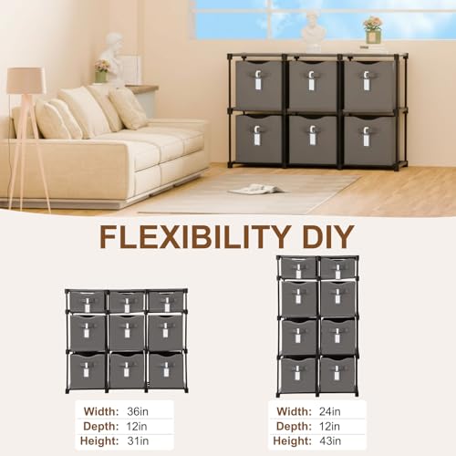 9 Cube Storage Organizer Shelf with Storage Bins and Label, 11 Inch Toy Cube Bins Clothes Closet Organizers Drawers Fabric Dresser for Living Room, Bedroom, Playroom, Dorm(Gray) - color: Gray