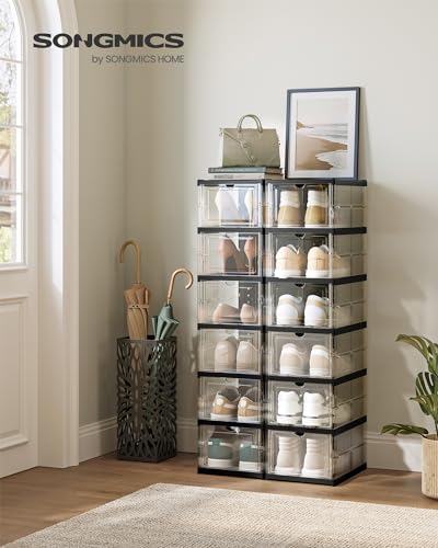 SONGMICS Foldable Shoe Boxes, Pack of 12 Stackable Shoe Storage Organizer, Set of 2 Integraed Shoe Cabinets, Portable, Fit up to US Size 13, 60s Assembly, Transparent and Ink Black ULSP206B01 - color: Transparent + Ink Black, size: 6 Tiers (12 Pairs)
