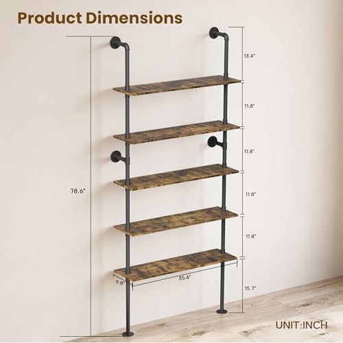 Merapi Rustic Industrial Bookshelf, 78.6" Tall 5-Tier Storage Shelf with Solid Wood & Metal Frame, 9.8" D x 35.4" W for Living Room, Office, Bedroom Farmhouse Display - style: 5-tier Vintage Industrial