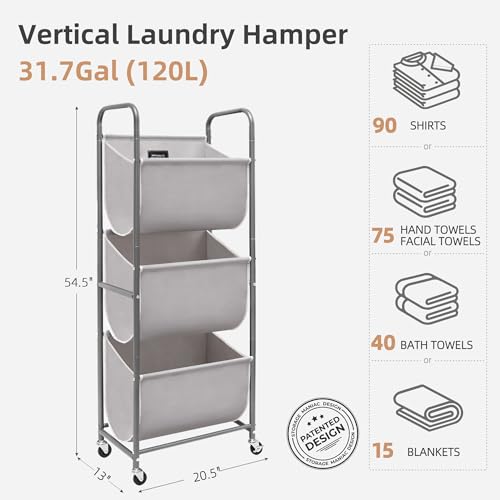 STORAGE MANIAC 120 Liters Vertical Rolling Laundry Hamper, 3 Section Laundry Sorter with Wheels and 2 Breaks, 3-tier Laundry Baskets for Small Space, Dorm, Laundry Room, Closet, Bathroom, Gray 3-tier - color: Gray, size: 3 Tier