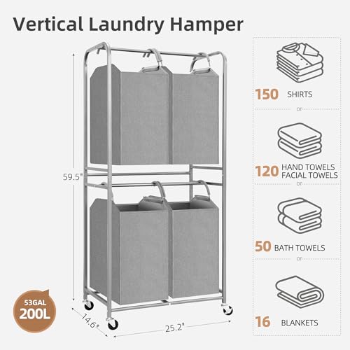 STORAGE MANIAC 4 Section Vertical Laundry Hamper, 2 Tier Laundry Sorter with 4 Removable Tote Bags, Rolling Clothes Basket for Towels, Blankets, Tall Dirty Clothes Hamper for Closet, Bathroom, 4 Bags - size: 4 Section