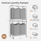 STORAGE MANIAC 4 Section Vertical Laundry Hamper, 2 Tier Laundry Sorter with 4 Removable Tote Bags, Rolling Clothes Basket for Towels, Blankets, Tall Dirty Clothes Hamper for Closet, Bathroom, 4 Bags - size: 4 Section